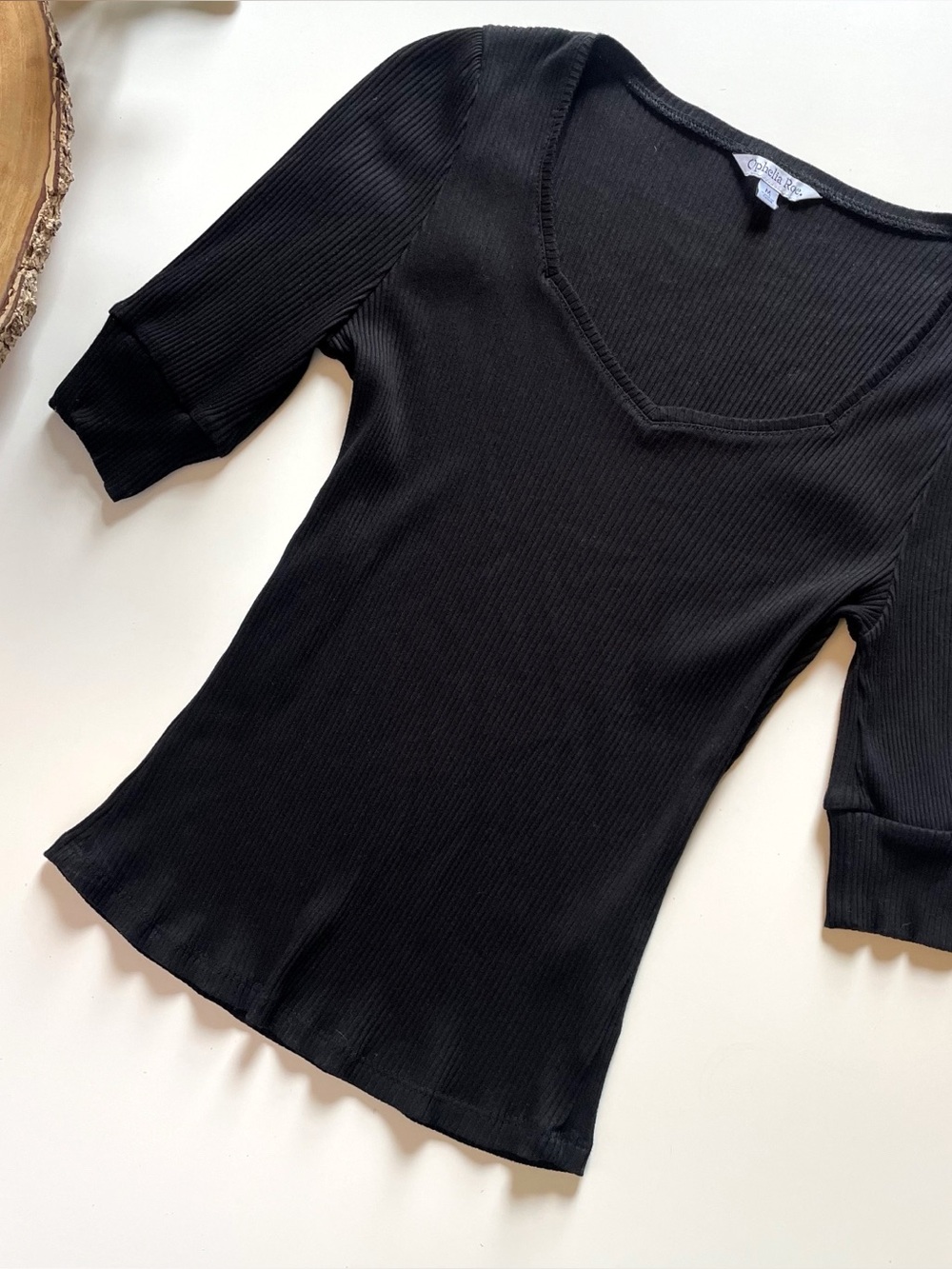 Ophelia Roe Black Ribbed Half Sleeve Top | Medium